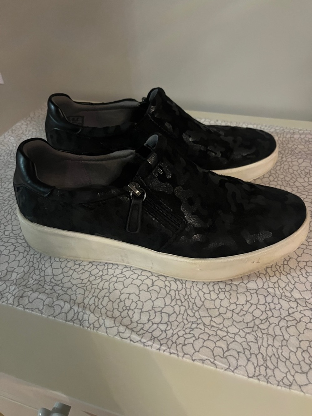 Clarks Black Camo Slip-On Sneakers with Side Zip Detail